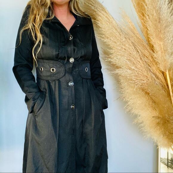 VINTAGE 90s CCC Washed Black Grey Tie Corset Back Button Trench Coat Jacket M - Picture 2 of 10